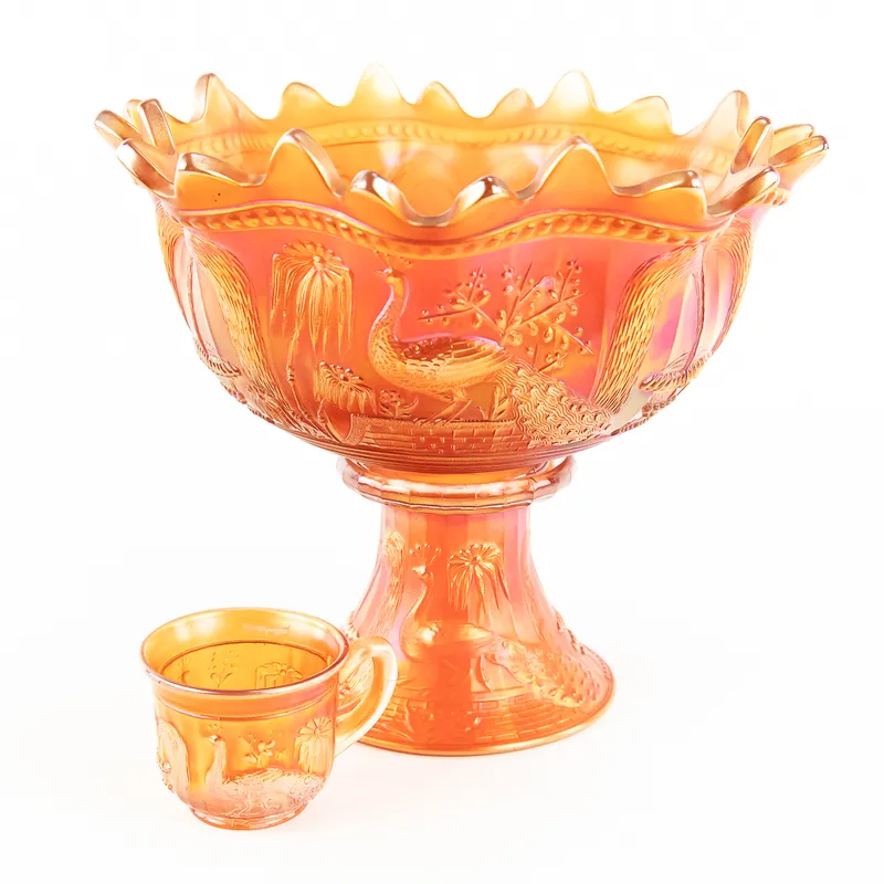 Carnival Glass N' wood Peacocks Fountain 3pc Punch from auction in Union, Illinois