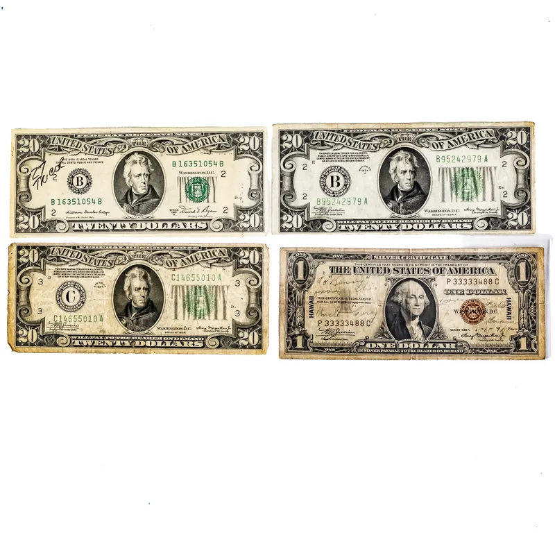1935-A Hawaii $1 Silver Certificate & (3) $20 Bill from auction in Union, Illinois