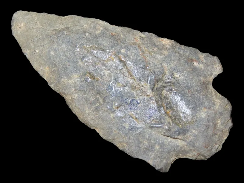 2 3/4" Morrow Mountain Straight Base, Found 1920-1930, Marvin Farm/Beaver Site, Attleboro, Massachusetts, Ex. Peter Engstrom, Ex. Dr. Robbins Collection from auction in Quincy, Illinois