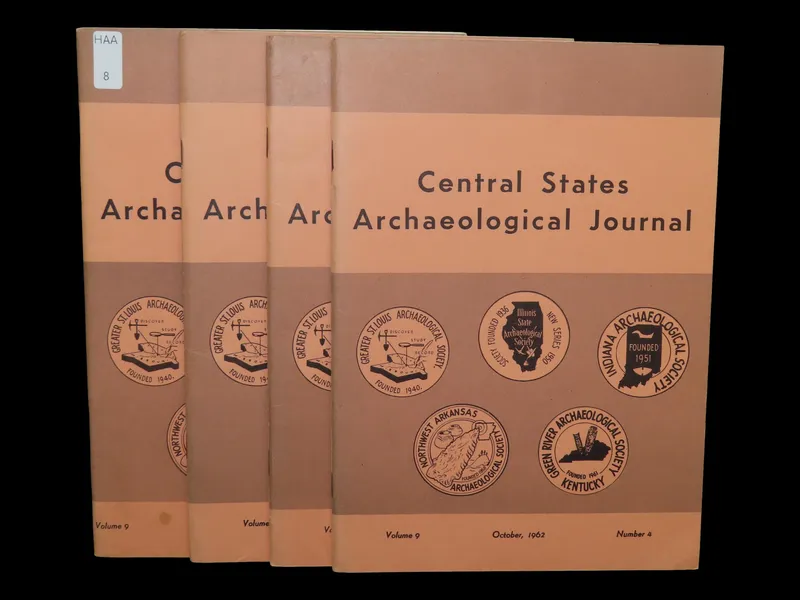 FULL SET OF 1962 CENTRAL STATES ARCHAEOLOGICAL JOURNALS. FULL OF TONS OF GREAT PICS & ARTICLES ON PALEO CLOVIS, EFFIGY PIPES, BIRDSTONES, DOVETAILS, AXES, BANNERSTONES, FLUORSPAR POTTERY, BONE, & SHELL, ETC. from auction in Quincy, Illinois