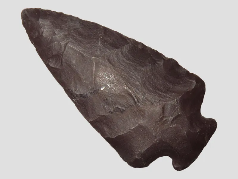 Incredible 2 3/4" Purple Jasper Perkiomen / Susquehanna Broad Spear found in Lycoming County Pennsylvania. Great Deep dark purple jasper. Amazing example! from auction in Quincy, Illinois