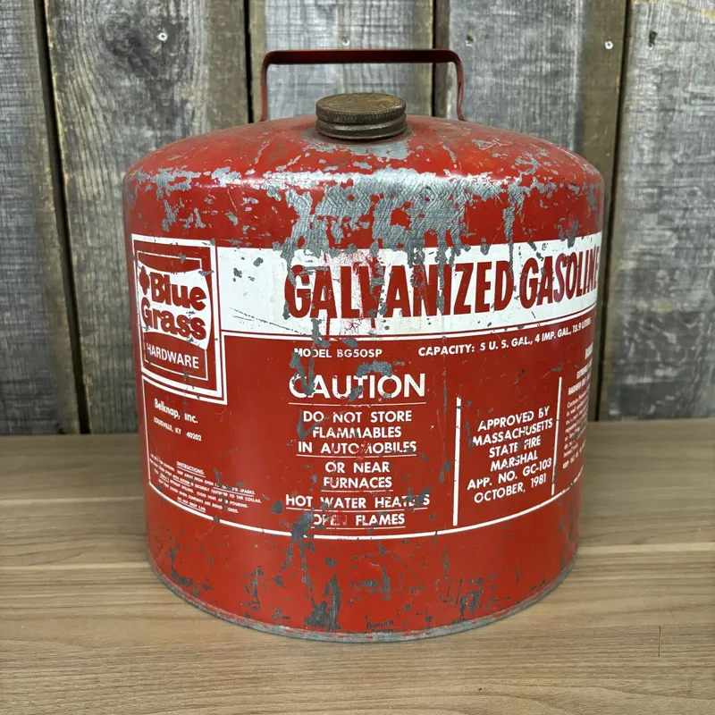 Blue Grass Hardware Belknap Inc. 5 Gallon Galvanized Steel Gasoline Can from auction in Shelbyville, Kentucky