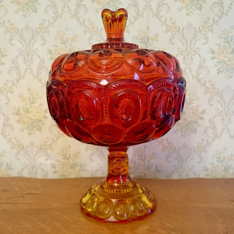 Large Amberina Moon and Star Glass Lidded Pedestal Compote from auction in Shelbyville, Kentucky