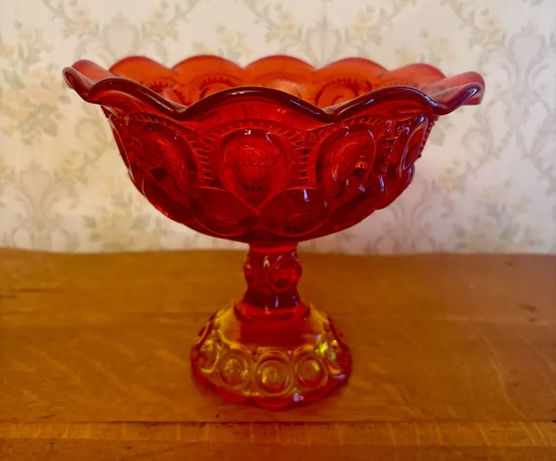 Amberina Glass Pedestal Compote in Moon and Star Pattern from auction in Shelbyville, Kentucky