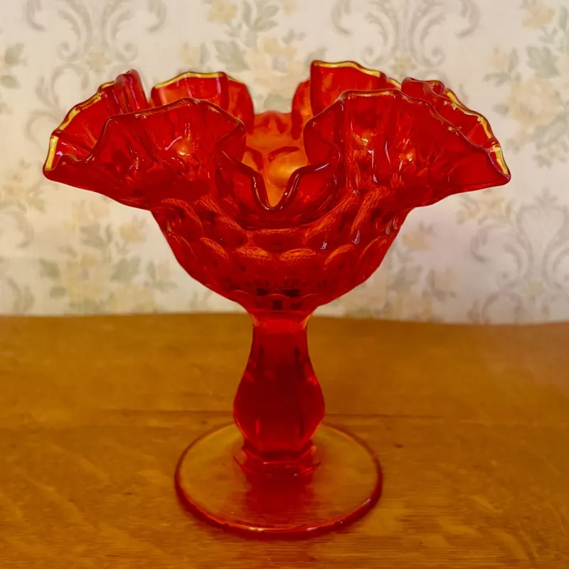 Vintage Amberina Glass Ruffled Thumbprint Pedestal Compote from auction in Shelbyville, Kentucky
