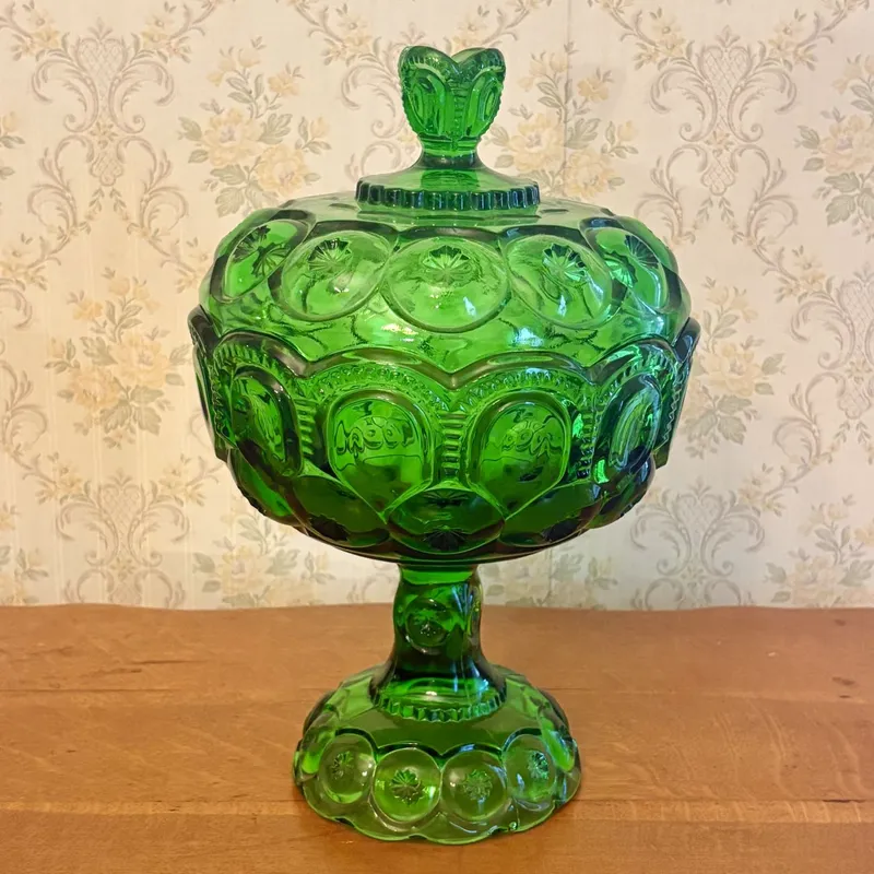 Emerald Green Moon and Star Pattern Pressed Glass Pedestal Compote with Lid from auction in Shelbyville, Kentucky