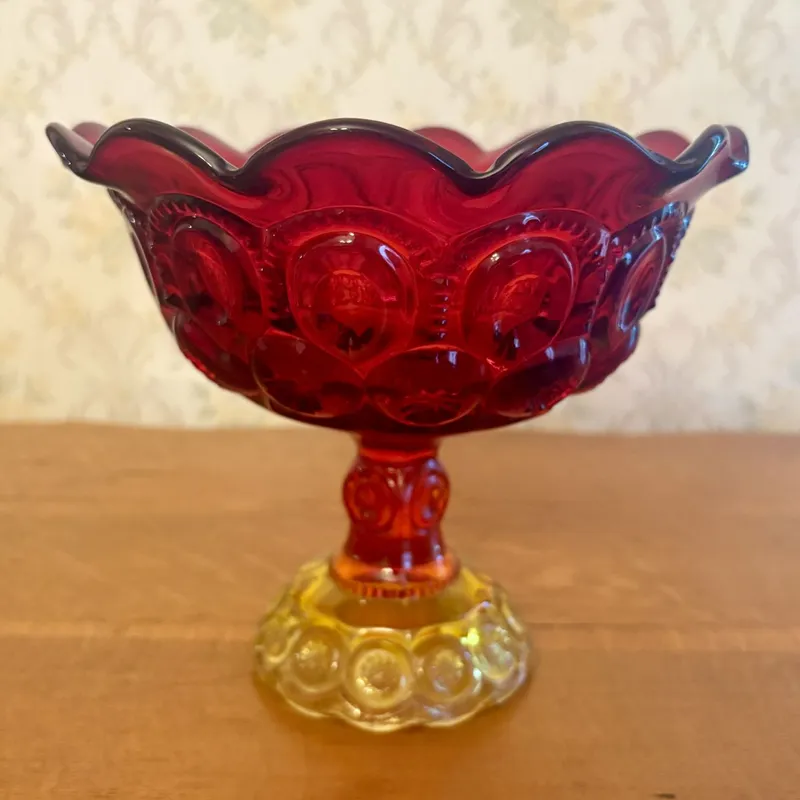 Amberina Moon and Star Pattern Pressed Glass Pedestal Compote from auction in Shelbyville, Kentucky