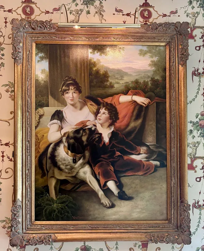 John Dawson, Large Portrait of a Mother and Son with a Dog, Oil on Canvas from auction in Shelbyville, Kentucky