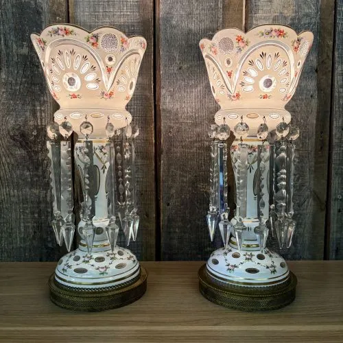 A Pair of Bohemian White Cased Glass Mantle Luster Lamps from auction in Shelbyville, Kentucky