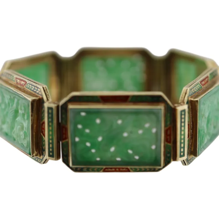 14K Carved Jade Enamel Panel Bracelet from auction in Spring Valley, New York