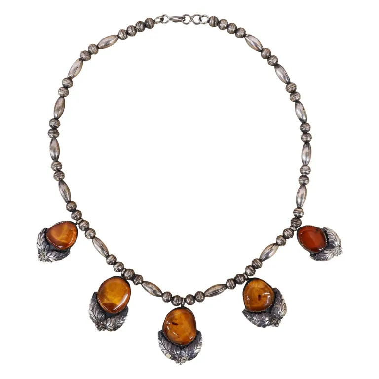 Signed Native American Sterling Amber Choker from auction in Spring Valley, New York