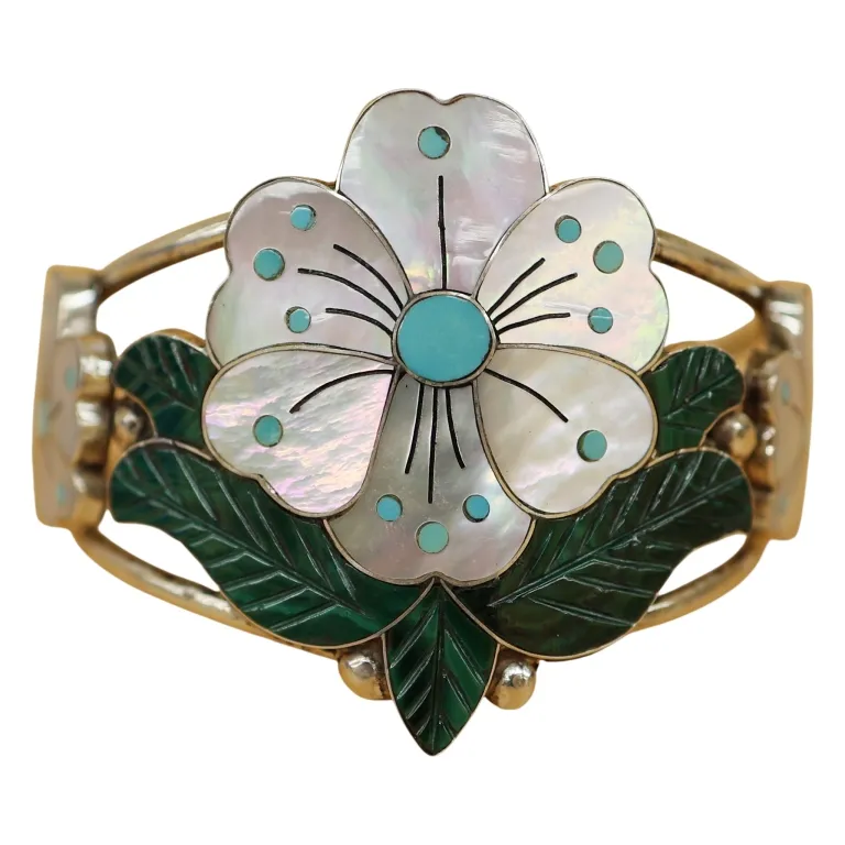 Sonny Wallace Zuni Sterling Inlaid Floral Cuff from auction in Spring Valley, New York