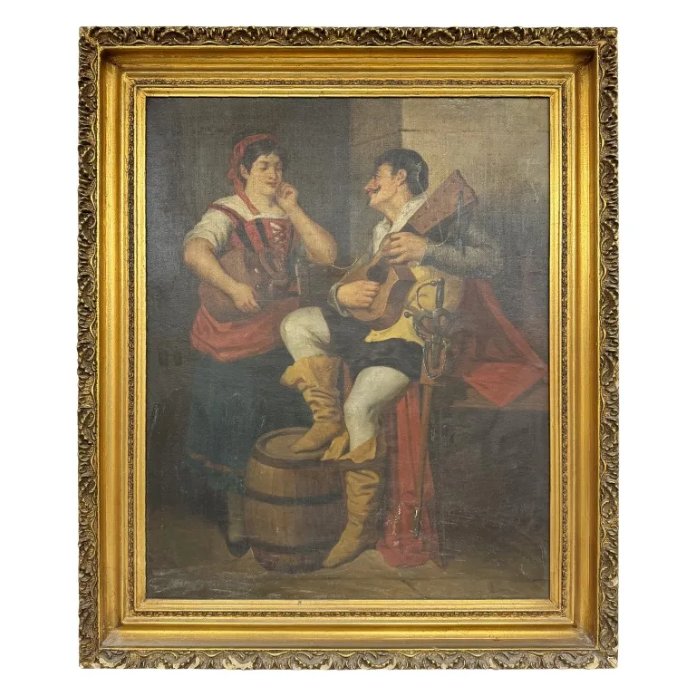 Lute Player & Maiden - Tavern Scene Oil Painting from auction in Spring Valley, New York
