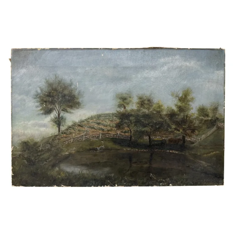 Signed 19th C Pastoral Landscape Oil Painting from auction in Spring Valley, New York