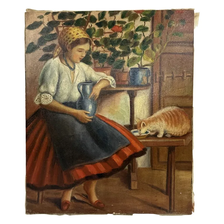European Oil Painting - Young Girl with Cat from auction in Spring Valley, New York