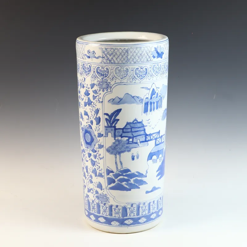 Chinese Style Blue and White Porcelain Umbrella Stand from auction in Morgantown, Pennsylvania