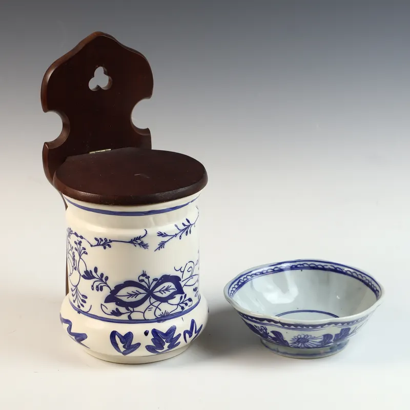 A Blue and White Ceramic Salt Box and Companion Bowl in the Blue Onion Pattern from auction in Morgantown, Pennsylvania