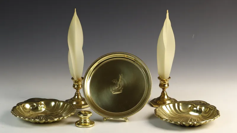 A Six-Piece Collection of Baldwin Polished Brass Mount Vernon Themed Tableware from auction in Morgantown, Pennsylvania
