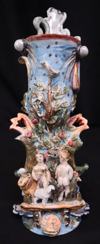 Abraham, Eric (1936-2013) porcelain sculpture, Adam and Eve, after Lester Raymer's toy from auction in Lindsborg, Kansas