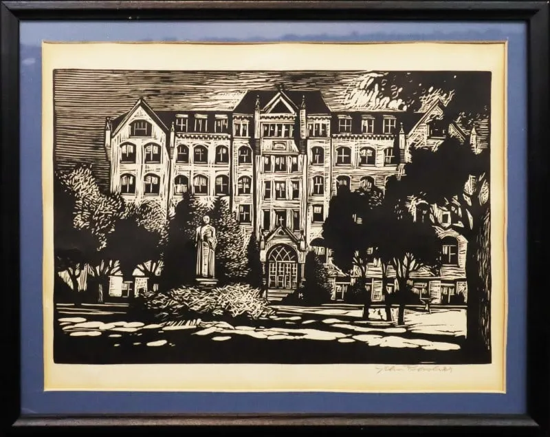 Bashor, John (2026-2013) linoleum cut, Old Main from auction in Lindsborg, Kansas
