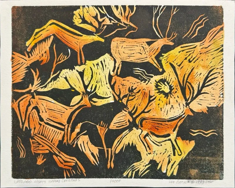 Becker, Lee, 1993 linoleum cut/watercolor, 1,000,000 Nights Before Christmas from auction in Lindsborg, Kansas