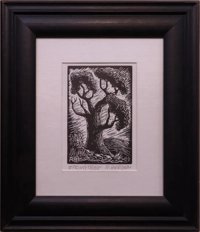 Bergen, Richard "Dick" (1925-2020) linoleum cut, Spring Tree from auction in Lindsborg, Kansas