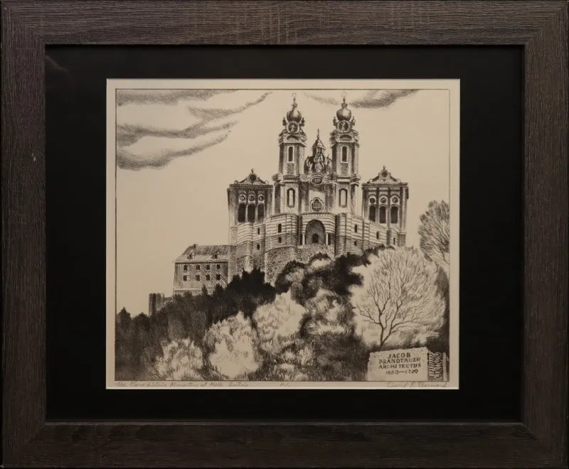 Bernard, David E  (1913-2006) lithograph, Benedictine Monastery at Melk, Austria from auction in Lindsborg, Kansas