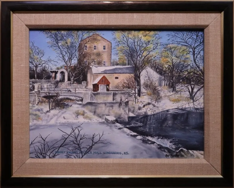 Brinlee, Kris, 1986 oil on canvas, Smoky Valley Roller Mill, Lindsborg, KS from auction in Lindsborg, Kansas