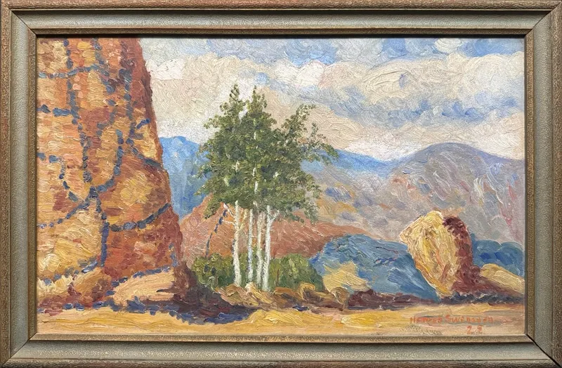 Swensson, Hannah (1866-1945) untitled mountain landscape, 1925 oil on board from auction in Lindsborg, Kansas