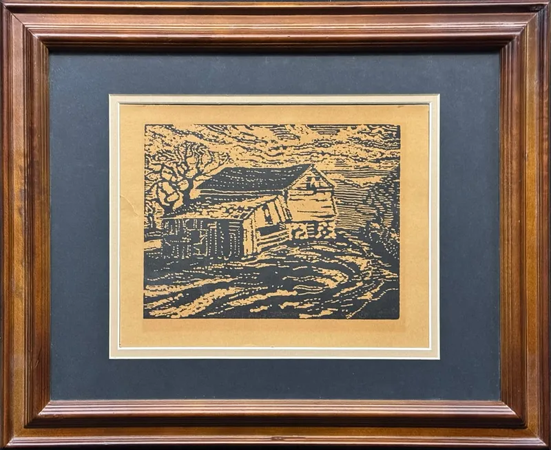 Unknown Sandzen Student, untitled old barn, nail head wood block from auction in Lindsborg, Kansas