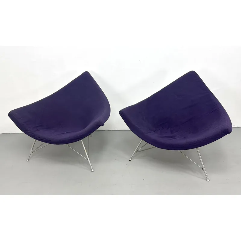 Pair of Early GEORGE NELSON Herman Miller coconut chairs in purple hopsack fabric from auction in Upper Chichester, Pennsylvania