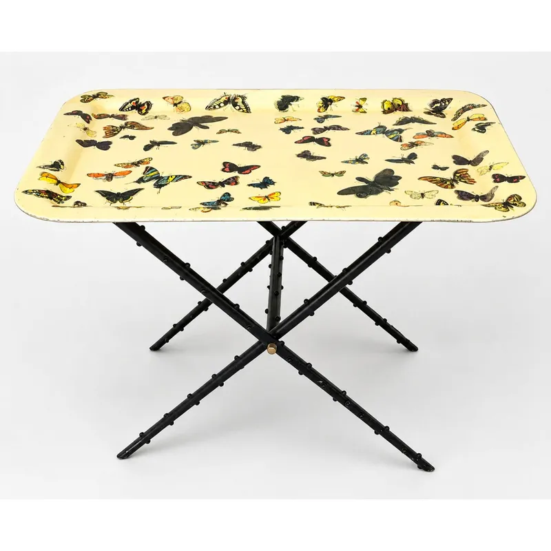 Piero Fornasetti Tray table and Stand with Farfalle Butterfly Motif Lithographed Metal and Greek Key from auction in Upper Chichester, Pennsylvania