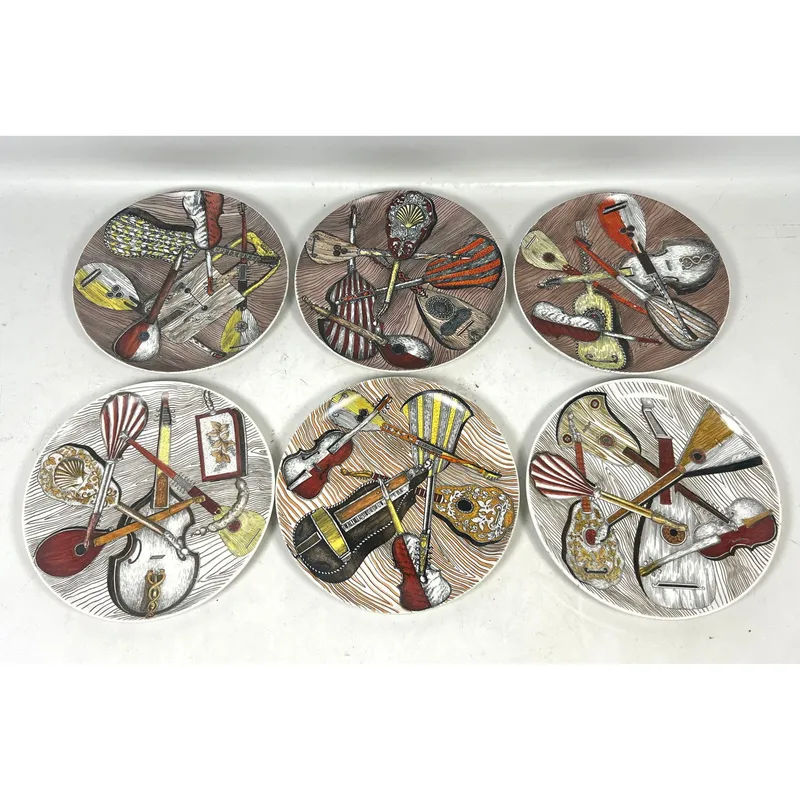 6pc Set Piero Fornasetti Milano Instrumenti Musicali Decorative Ceramic Plates. Made in Italy. from auction in Upper Chichester, Pennsylvania