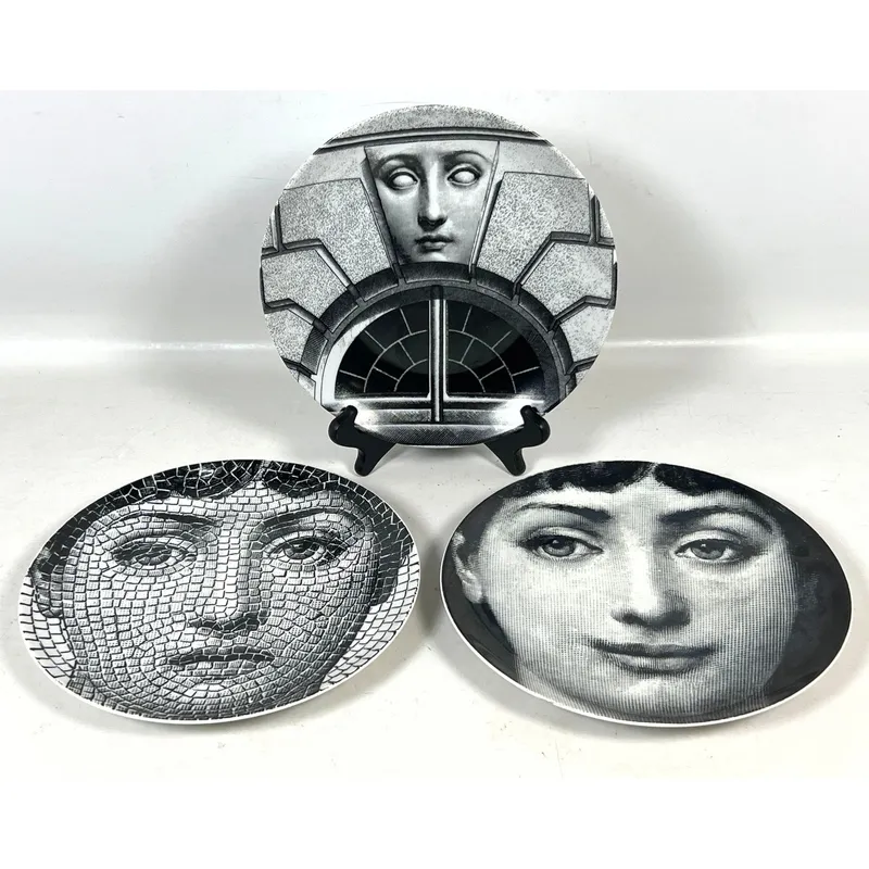 3pc Piero Fornasetti Milan Porcelain Plates from the Tema e Variazioni series numbers 131 212 and 23 from auction in Upper Chichester, Pennsylvania