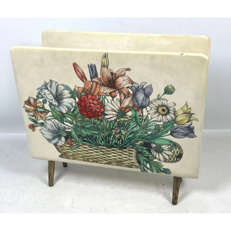 Piero Fornasetti Milano Floral Basket Magazine Rack with Tapered Brass Toned Metal Legs and Lithogra from auction in Upper Chichester, Pennsylvania