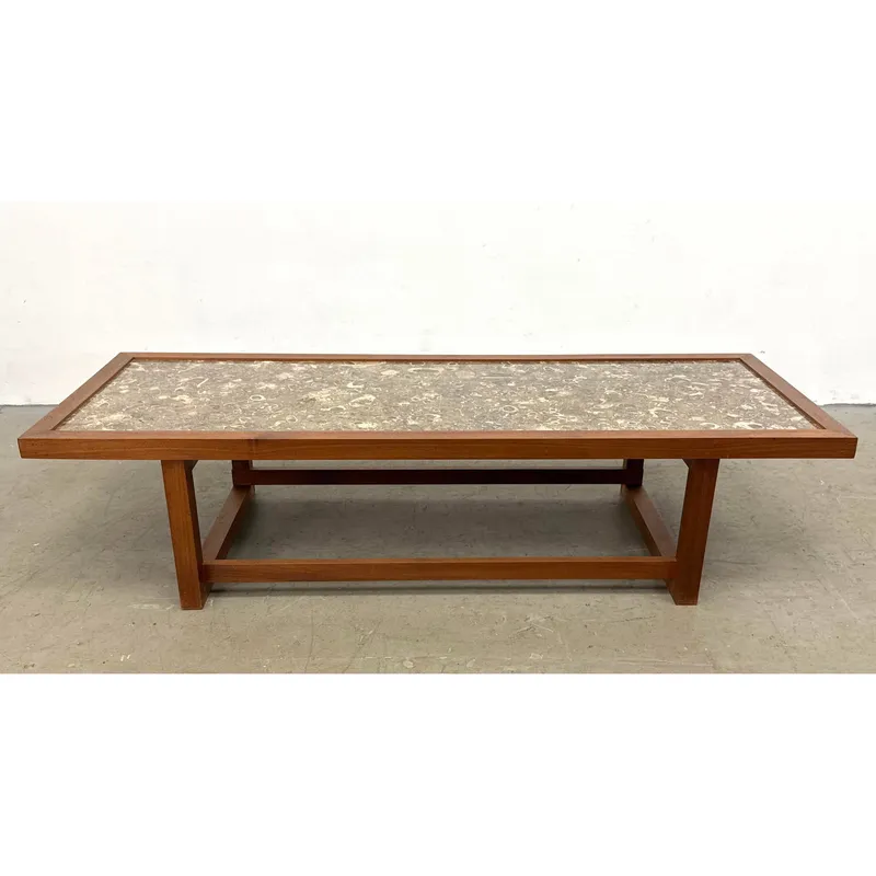 Mid-Century Modern Custom Crafted Coffee Table with Inset Fossilized Stone Top and Hardwood Sled Bas from auction in Upper Chichester, Pennsylvania