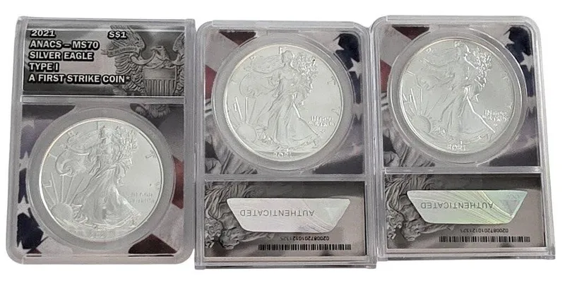 (3) US Silver Eagle $1 coins, ANACS from auction in Carmel, Indiana