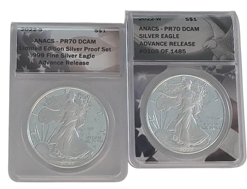 (2) US Silver Eagle $1 Coins, ANACS PR70 from auction in Carmel, Indiana