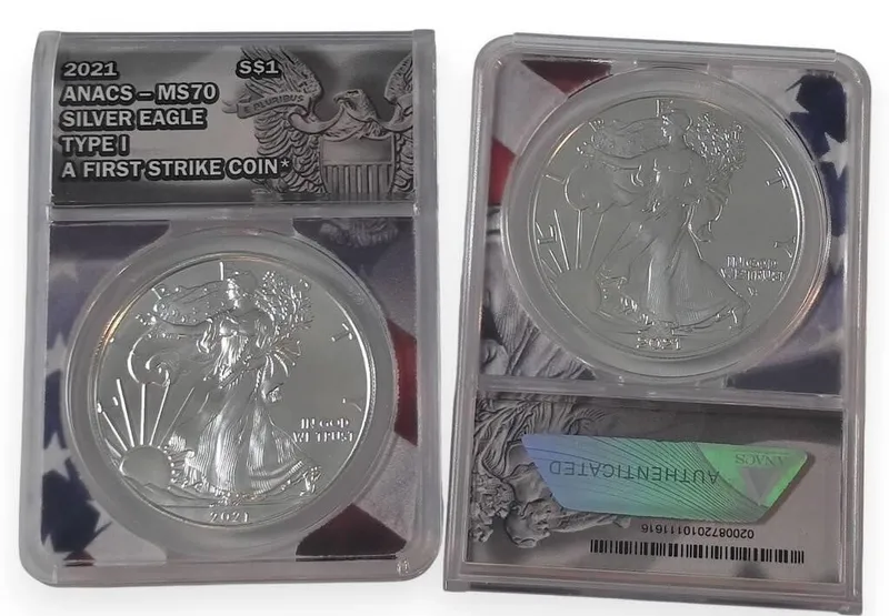 (2) 2021 US Silver Eagle $1 Coins, MS 70 from auction in Carmel, Indiana