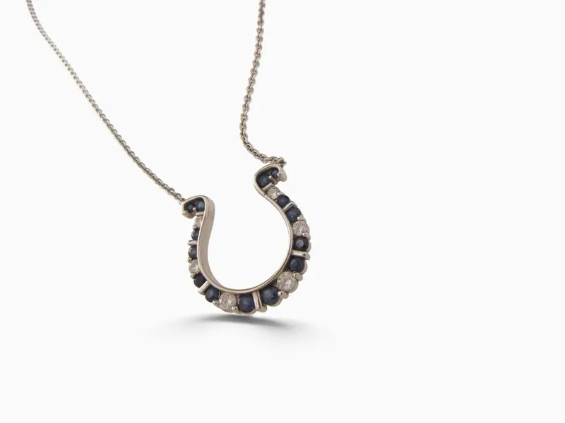 14K WG Sapphire, Diamond Horseshoe Pendant, Chain from auction in Carmel, Indiana