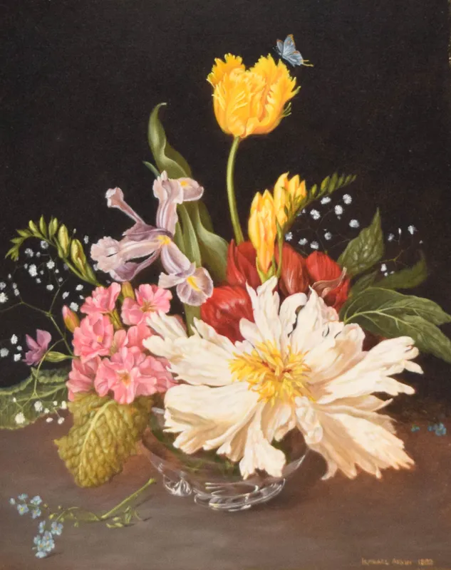 Irmgard Arvin Oil on Panel Still Life with Flowers from auction in Lincoln Park, New Jersey