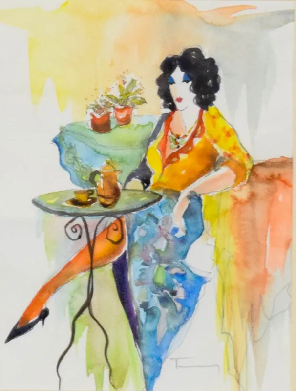 Itzchak Tarkay Watercolor Lady in Blue Skirt from auction in Lincoln Park, New Jersey