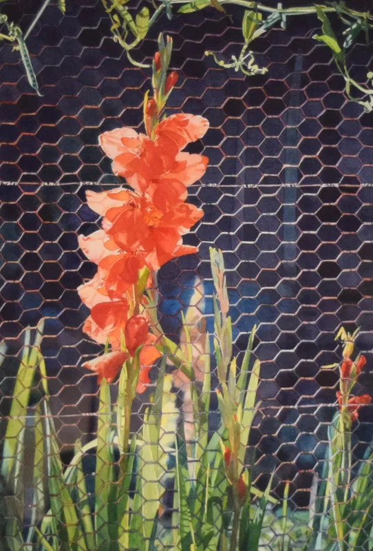 Karen Horn Watercolor Flowers on Fence from auction in Lincoln Park, New Jersey