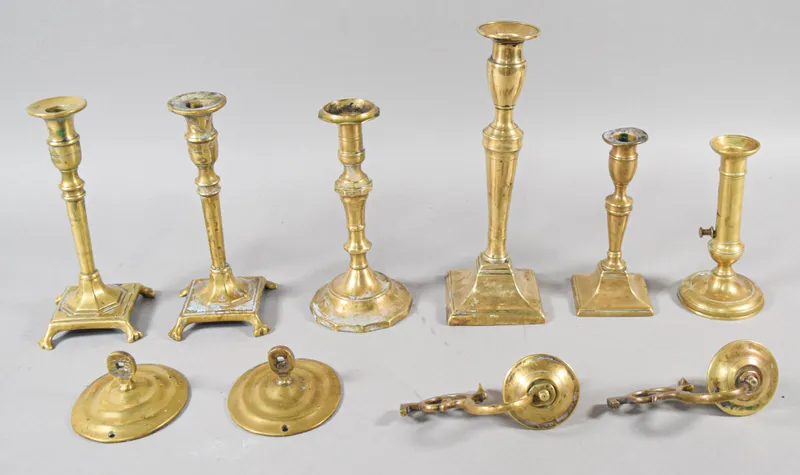 Collection of 10 Antique Brass Candlesticks and Wall Sconce Components from auction in Lincoln Park, New Jersey