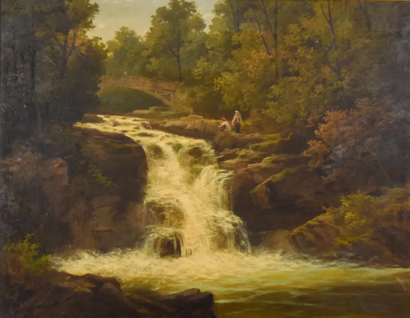 Hudson River School Oil on Canvas Waterfall, Signed F. Muschium from auction in Lincoln Park, New Jersey