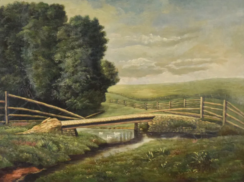 Signed Oil on Canvas Rural Landscape with Footbridge and Ducks from auction in Lincoln Park, New Jersey