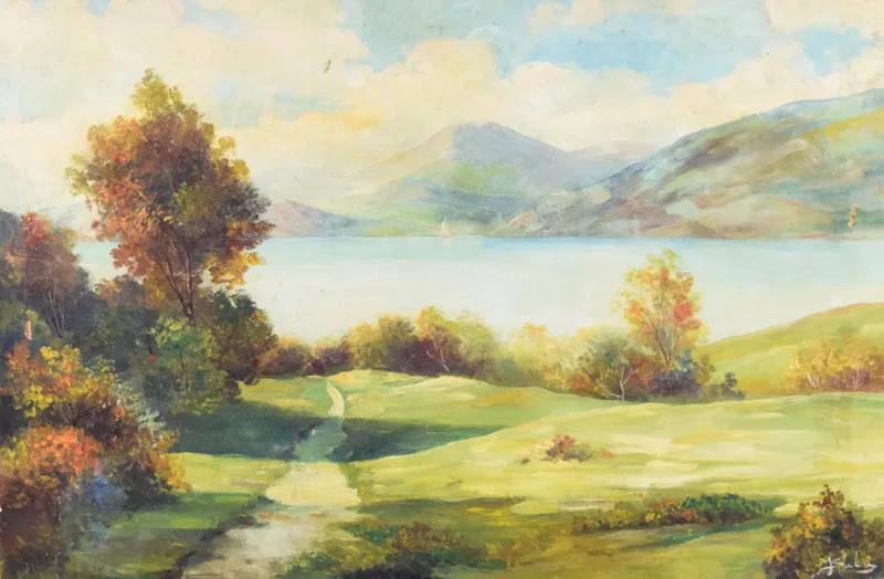 Signed Oil on Canvas Autumnal Lake Landscape from auction in Lincoln Park, New Jersey