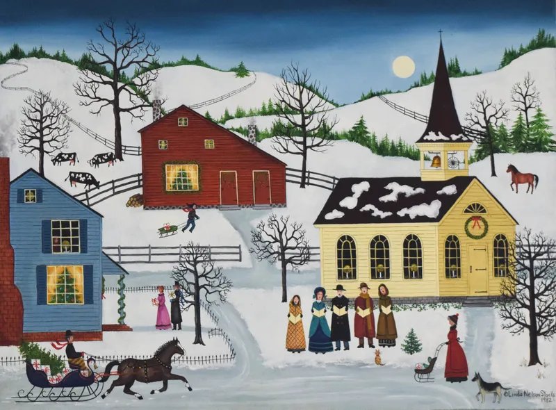 Linda Nelson Stocks Acrylic on Canvas Winter Christmas Village Scene from auction in Lincoln Park, New Jersey