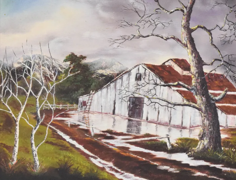 American School Oil on Canvas Late Autumn Barn Landscape from auction in Lincoln Park, New Jersey