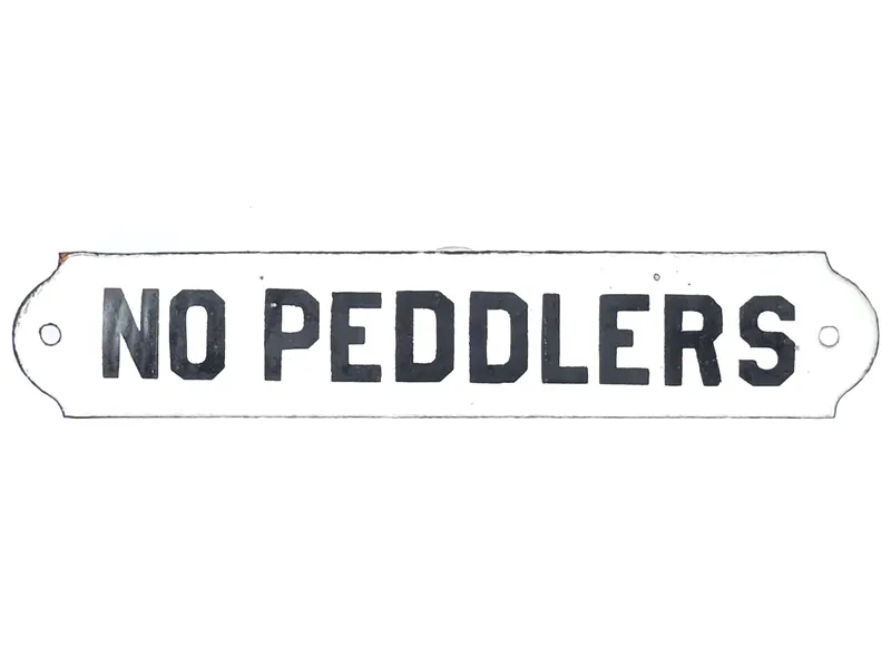 Early "No Peddlers" Convex Porcelain Sign from auction in Myakka City, Florida